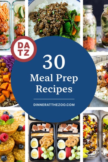 A group of delicious meal prep recipes including baked oatmeal cups, buddha bowls and burrito bowls.