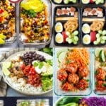 A collection of images of delicious meal prep recipes such as Korean beef bowls, buffalo chicken jars and chicken burrito bowls.