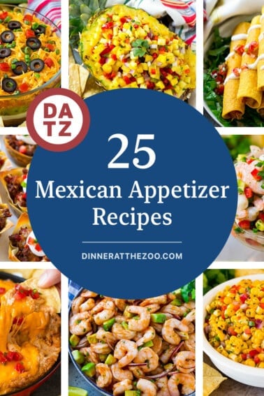 A collection of fabulous Mexican appetizers like corn salsa, taquitos and bean dip.