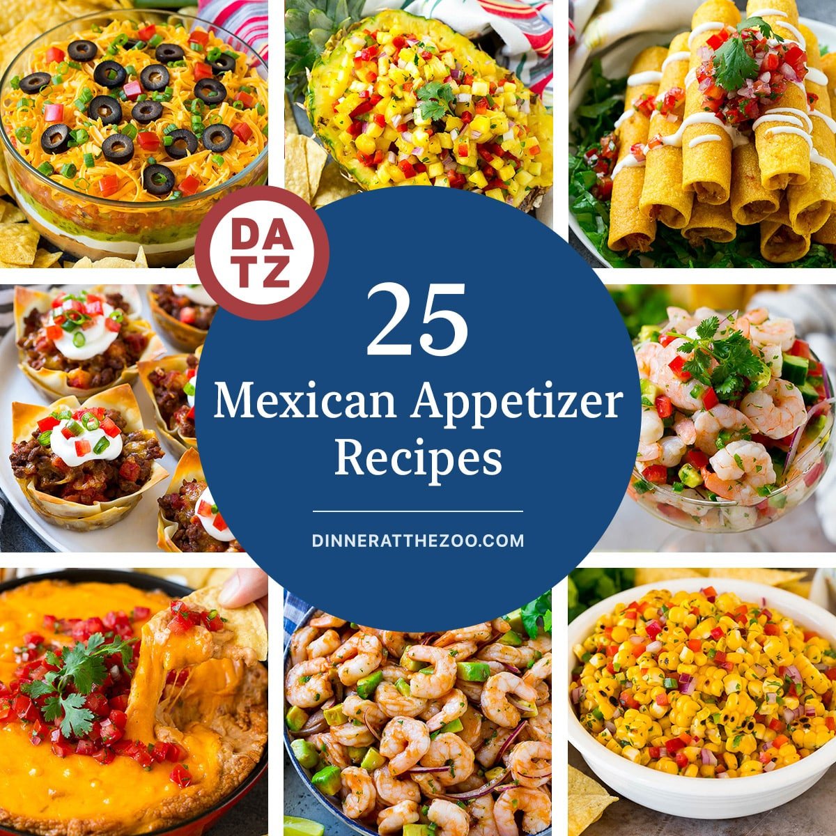 A collection of fabulous Mexican appetizers like corn salsa, taquitos and bean dip.