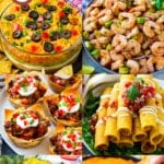 A group of fabulous Mexican appetizer recipes for any fiesta like Mexican shrimp cocktail, taco cups and bean dip.