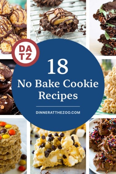 A group of images of no bake cookie recipes like no bake peanut butter cookies haystack cookies and caramel macaroons.