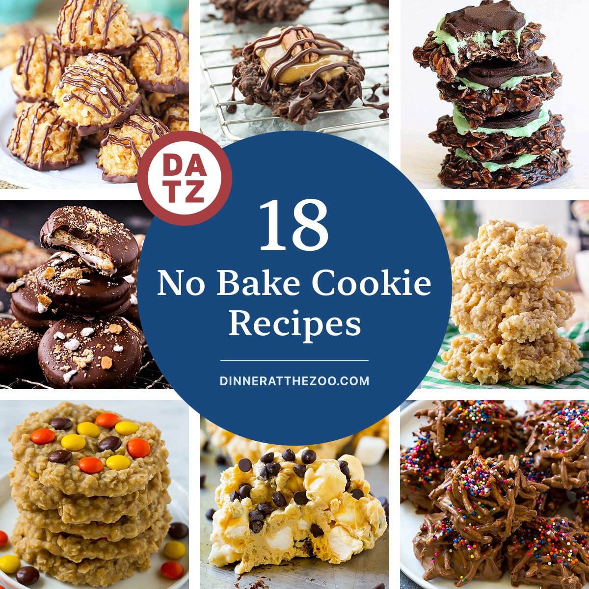 A group of images of no bake cookie recipes like no bake peanut butter cookies haystack cookies and caramel macaroons.