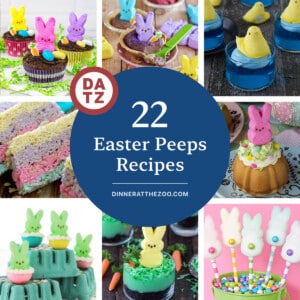 A collection of irresistible Easter Peeps recipes such as layered Peeps crispy rice treats, Easter dirt cupcakes and Peep-stuffed jello shots.