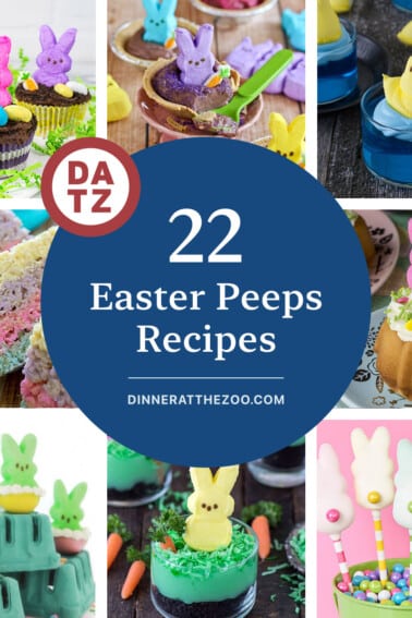 A collection of irresistible Easter Peeps recipes such as layered Peeps crispy rice treats, Easter dirt cupcakes and Peep-stuffed jello shots.