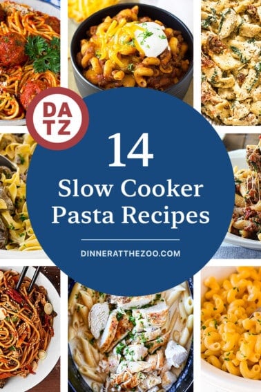 A group of images of slow cooker pasta recipes like mac and cheese, Tuscan chicken pasta and beef stroganoff.