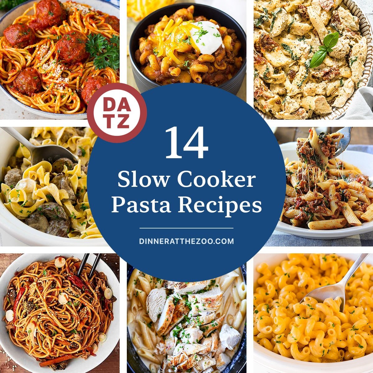 A group of images of slow cooker pasta recipes like mac and cheese, Tuscan chicken pasta and beef stroganoff.