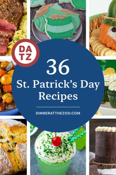 A group of images of delicious St. Patrick's Day recipes such as Irish soda bread, Irish stew and instant pot corned beef.