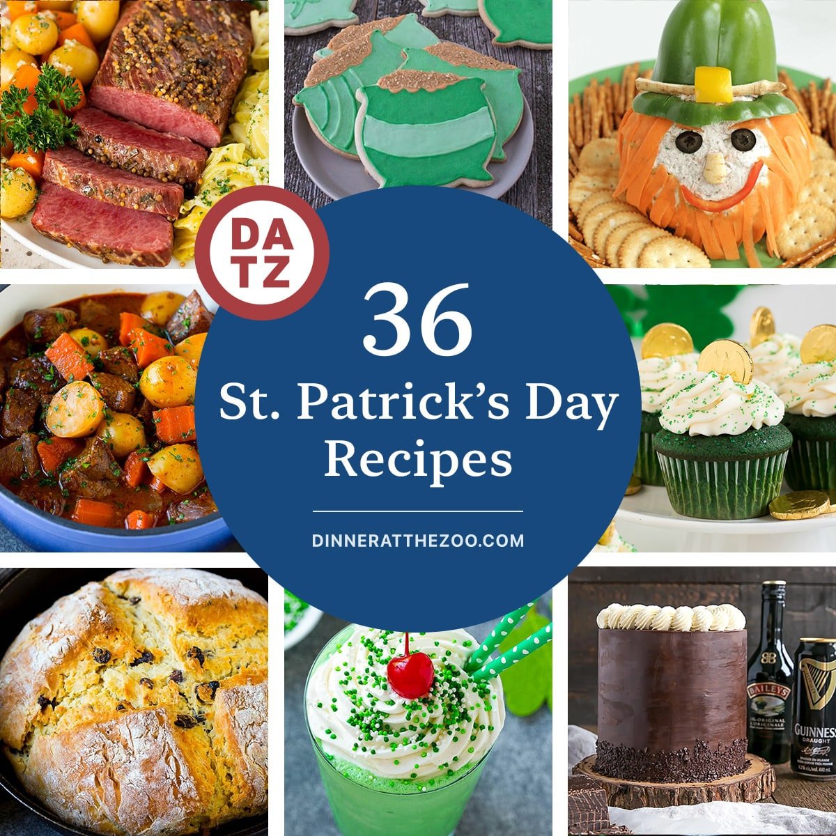 A group of images of delicious St. Patrick's Day recipes such as Irish soda bread, Irish stew and instant pot corned beef.