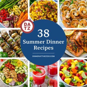 A collection of summer dinner recipes such as watermelon agua fresca, tropical fruit salad and steak kabobs.