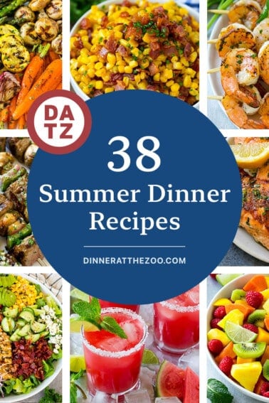 A collection of summer dinner recipes such as watermelon agua fresca, tropical fruit salad and steak kabobs.