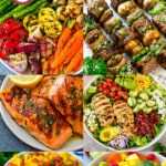 A group of images of summer dinner recipes including fried corn, marinated salmon and grilled vegetables.