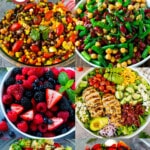 A list of summer salad recipes with meats, veggies, fruits and international flavors.