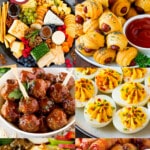 A collage of pictures of Thanksgiving appetizer recipes like a charcuterie board, artichoke dip and bacon wrapped smokies.