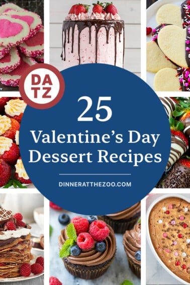 A group of images of Valentine's Day dessert recipes such as heart cookies, chocolate strawberry cake and chocolate covered strawberries.