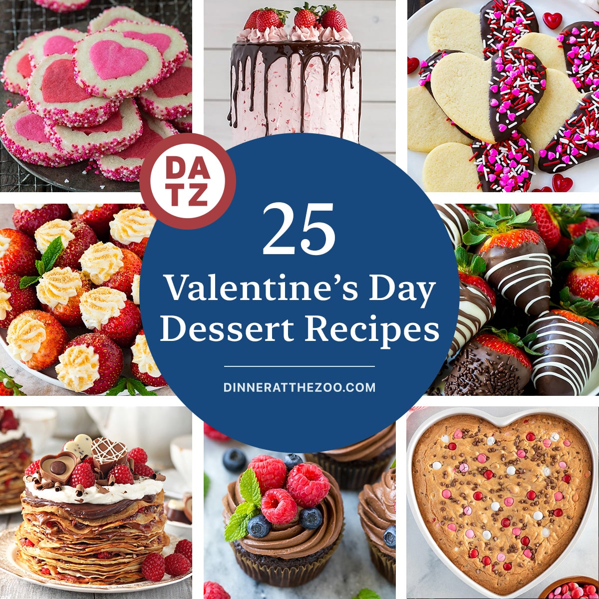 A group of images of Valentine's Day dessert recipes such as heart cookies, chocolate strawberry cake and chocolate covered strawberries.