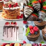 A collection of images of Valentine's Day dessert recipes like cheesecake stuffed strawberries, chocolate strawberry cake and chocolate hazelnut cupcakes.