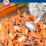 This carrot salad is fresh shredded carrots, sweet raisins and juicy pineapple, all tossed in an easy homemade dressing.