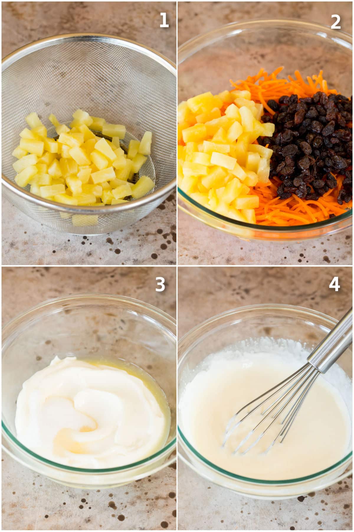 Process shots showing how to make carrot raisin salad.