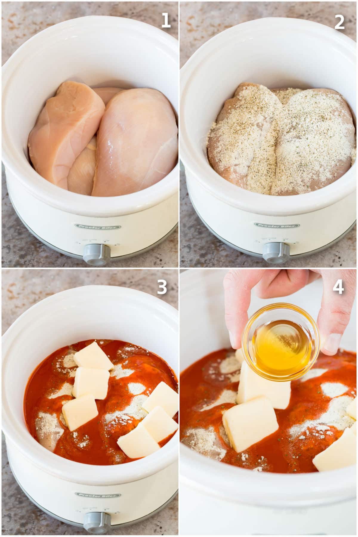 Step by step photos showing how to make crock pot buffalo chicken.