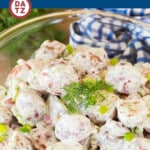 This dill potato salad is tender baby red potatoes with celery, red onion and fresh herbs, all in a creamy dill dressing.