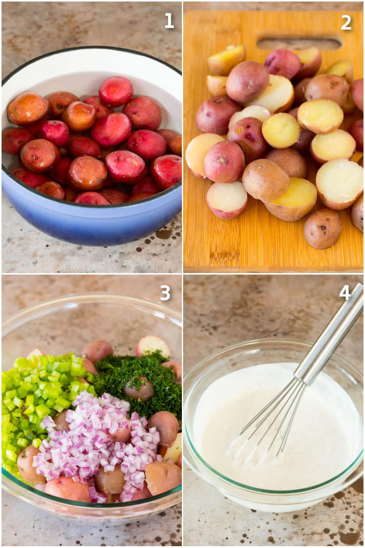Step by step shots showing how to boil potatoes and assemble potato salad.