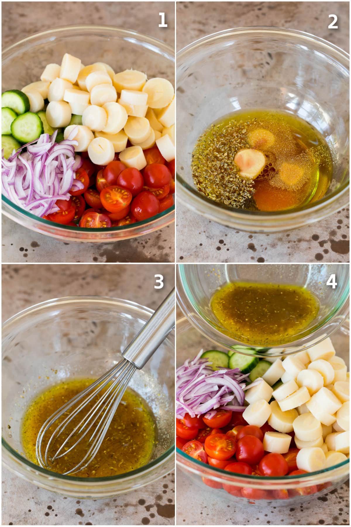 Process shots showing how to prepare a chopped salad and homemade dressing.