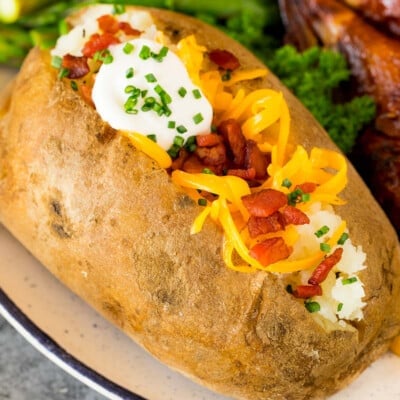 Instant Pot baked potatoes loaded with toppings.
