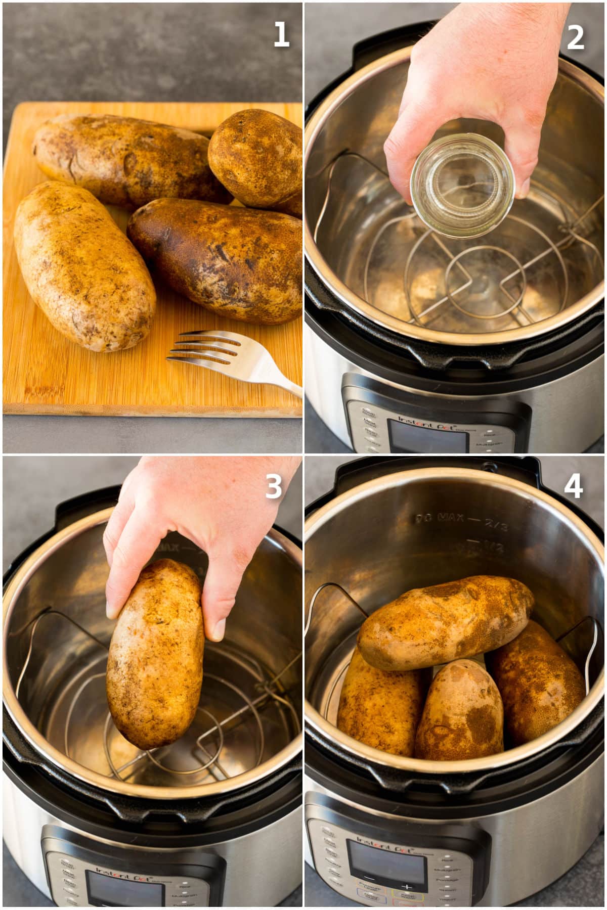 Process shots showing how to cook potatoes in a pressure cooker.