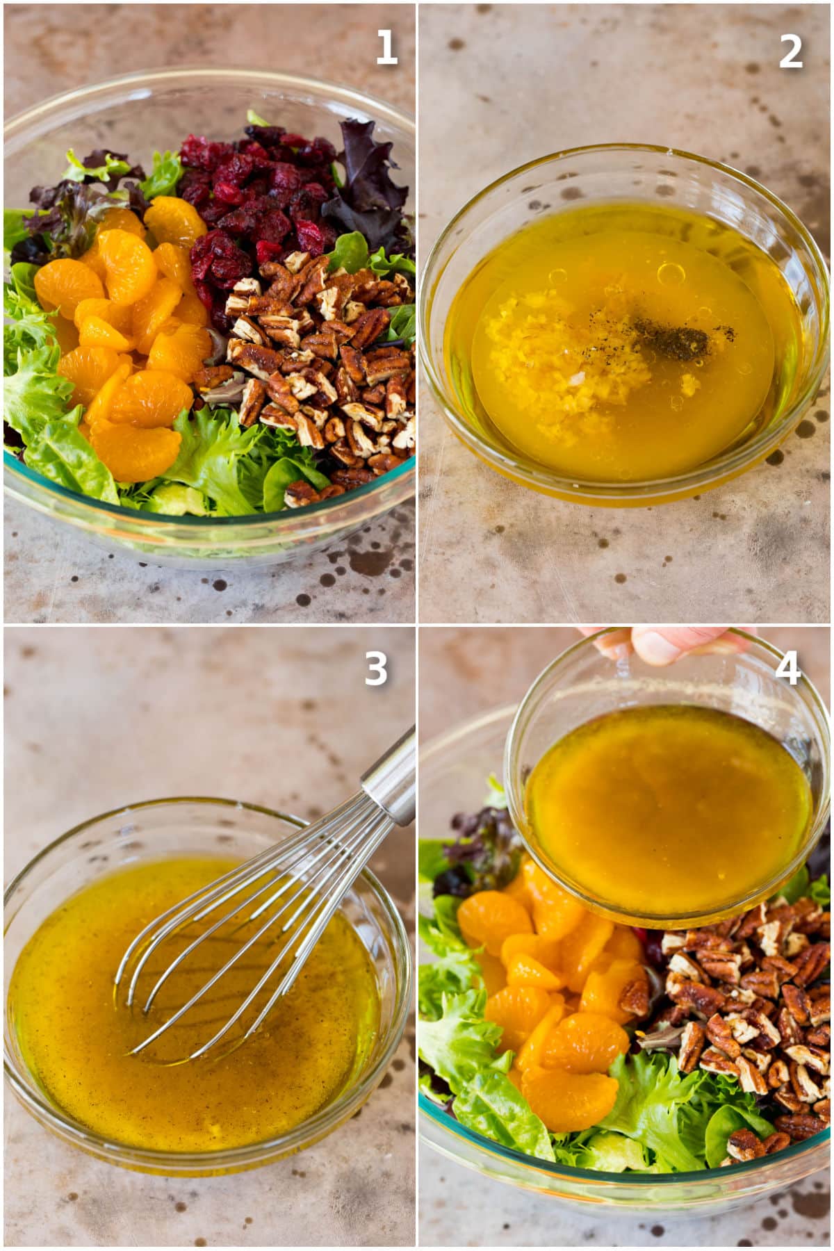 Step by step process shots showing how to make a mandarin orange salad.