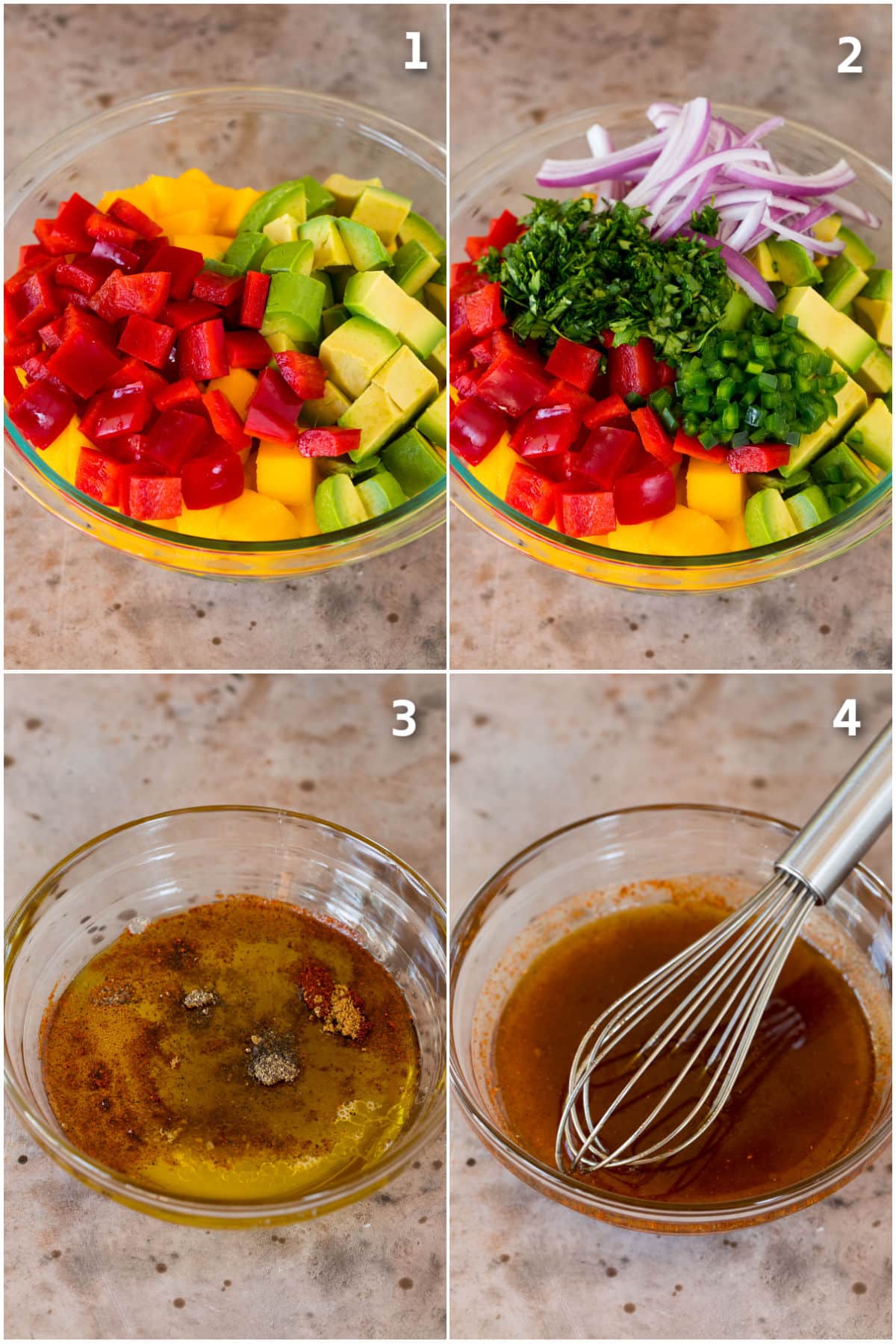Step by step process shots showing how to make mango salad.
