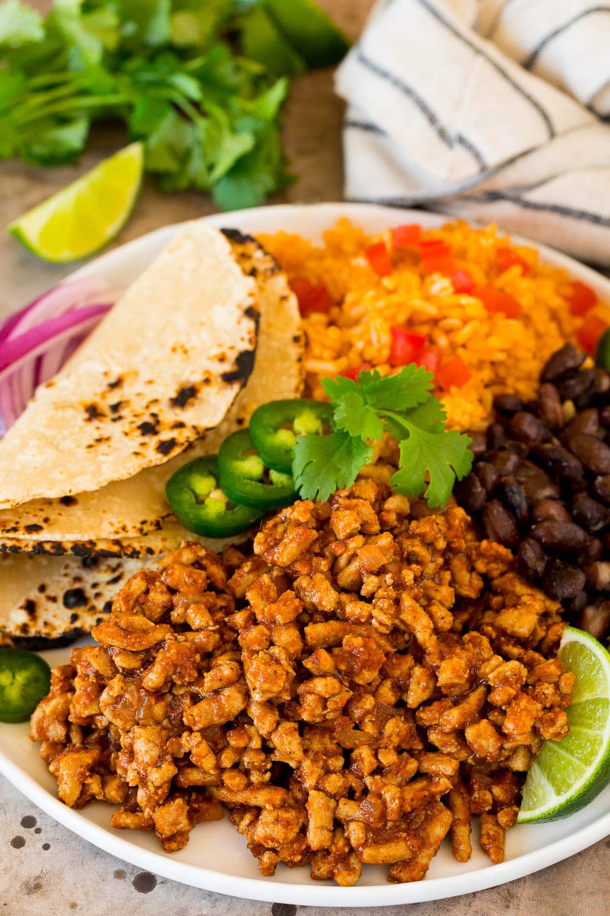 A plate of seasoned ground turkey with rice, beans and tortillas.