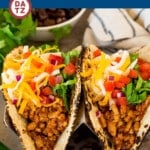 These turkey tacos are made with a homemade spice mix, ground turkey, warm tortillas, and plenty of toppings for the ultimate taco night experience.