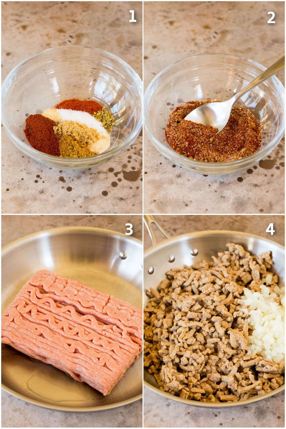 Step by step shots showing how to make spice mix and cook ground turkey.