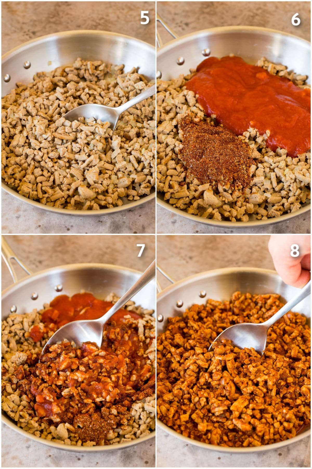 Process photos showing how to season ground turkey with spices and tomato sauce.