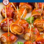 A tray of bacon wrapped water chestnuts are crunchy marinated water chestnuts covered in bacon and a sweet and savory sauce, then baked to perfection.