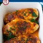 Baked chicken breast which is coated with a homemade spice mixture, then baked at high heat until tender, juicy and golden brown.