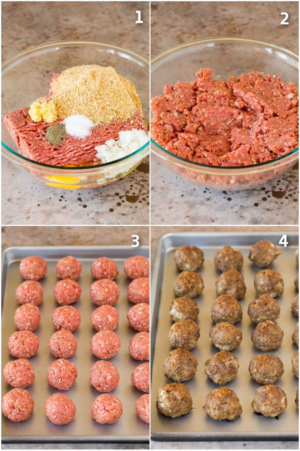 Step by step process shots showing how to make meatballs.
