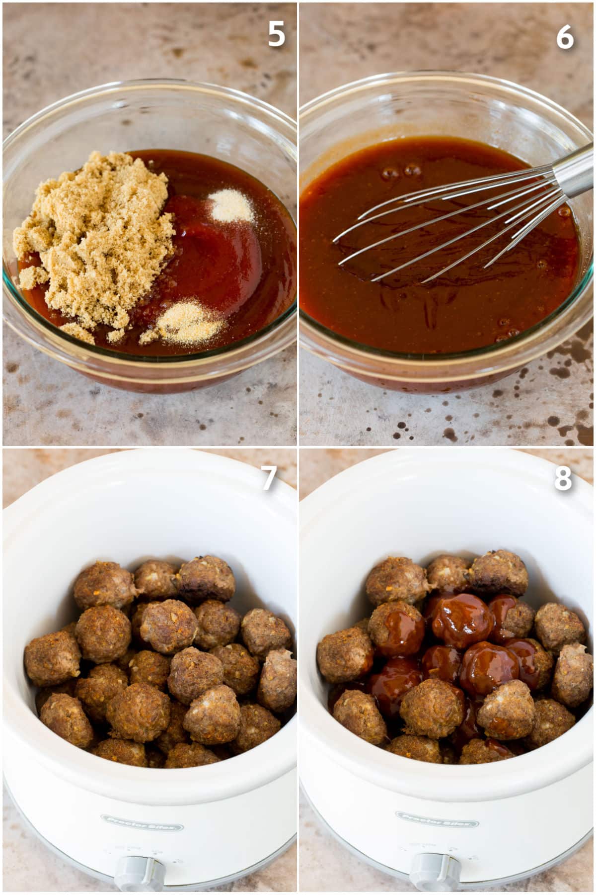 Process shots showing BBQ sauce being made and poured over meatballs.