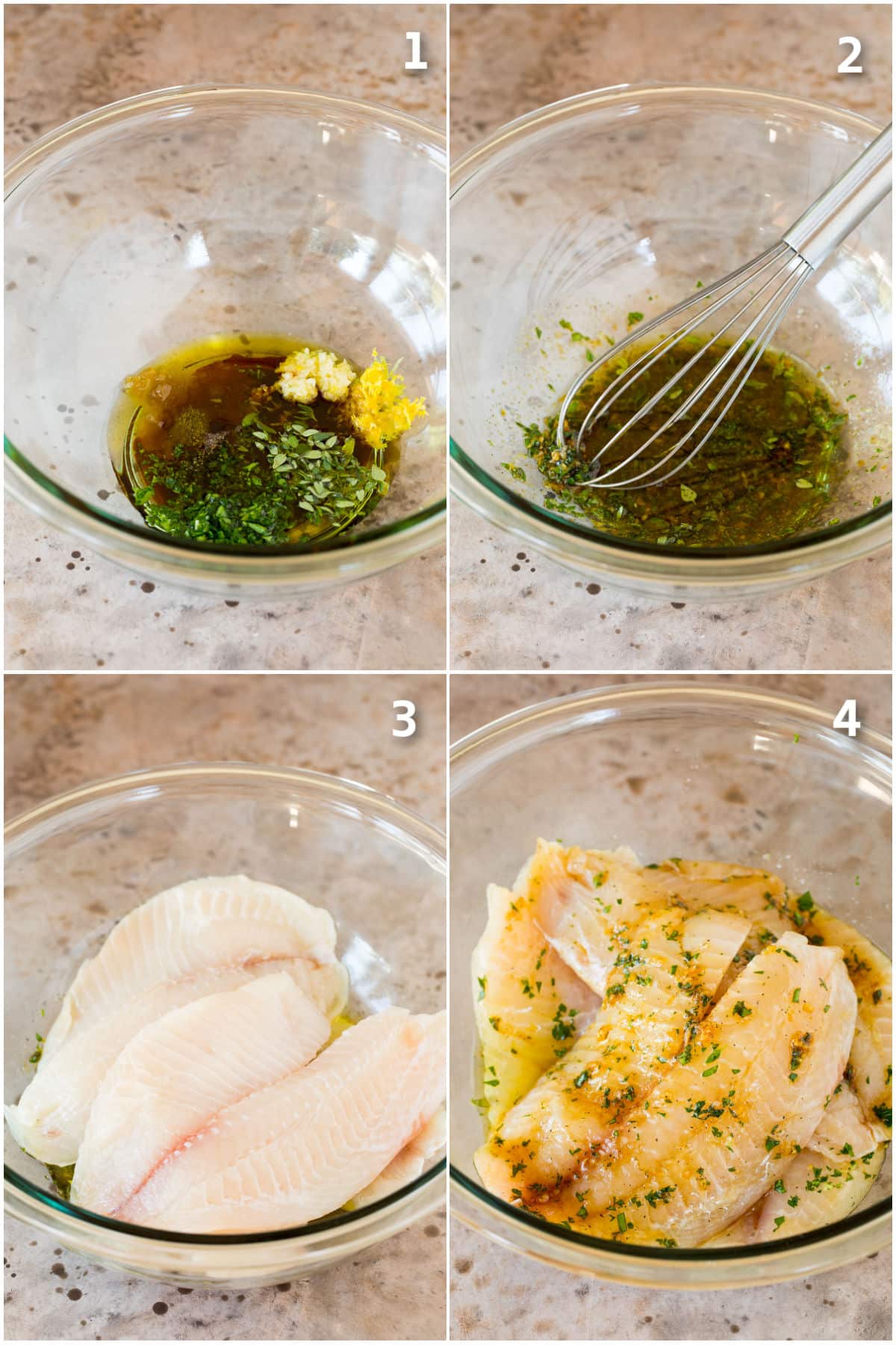 Step by step process shots showing how to marinate fish fillets.