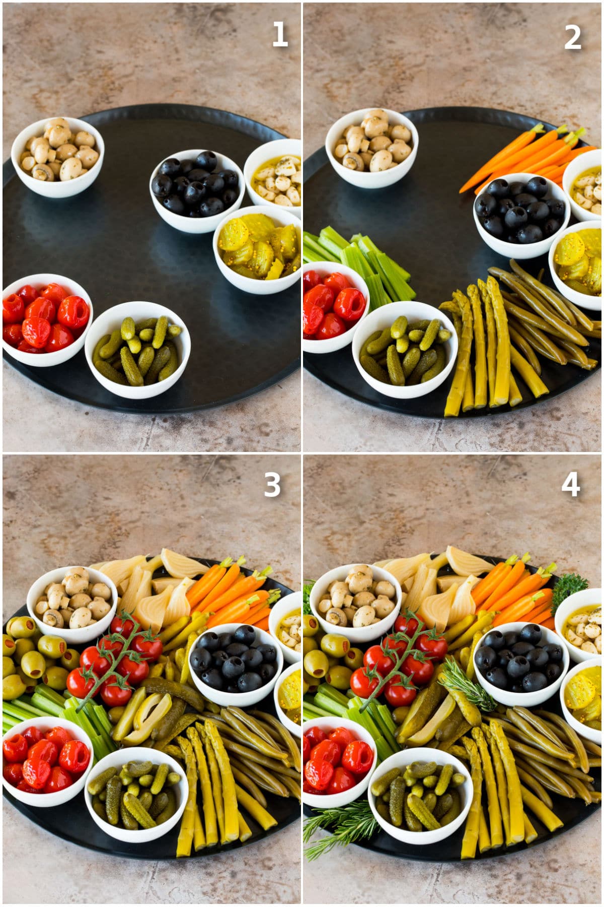 Step by step process shots showing how to put together a relish tray.