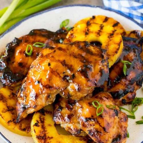 Chicken coated in teriyaki marinade that has been grilled, served with pineapple.