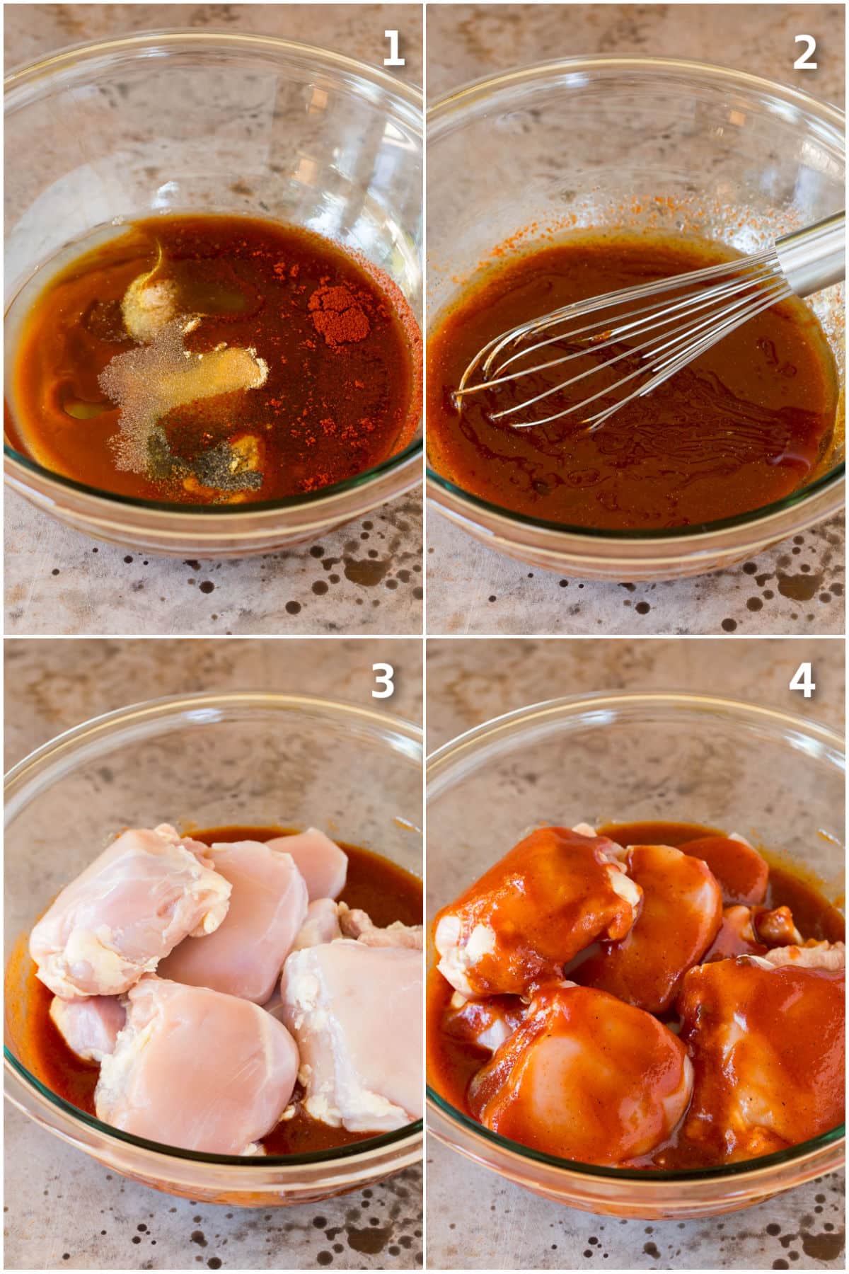 Step by step process shots showing how to make BBQ chicken marinade.
