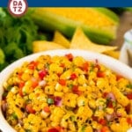 This corn salsa is fresh corn kernels combined with lime juice, cilantro, red onion and two types of peppers to make a light and refreshing dip.