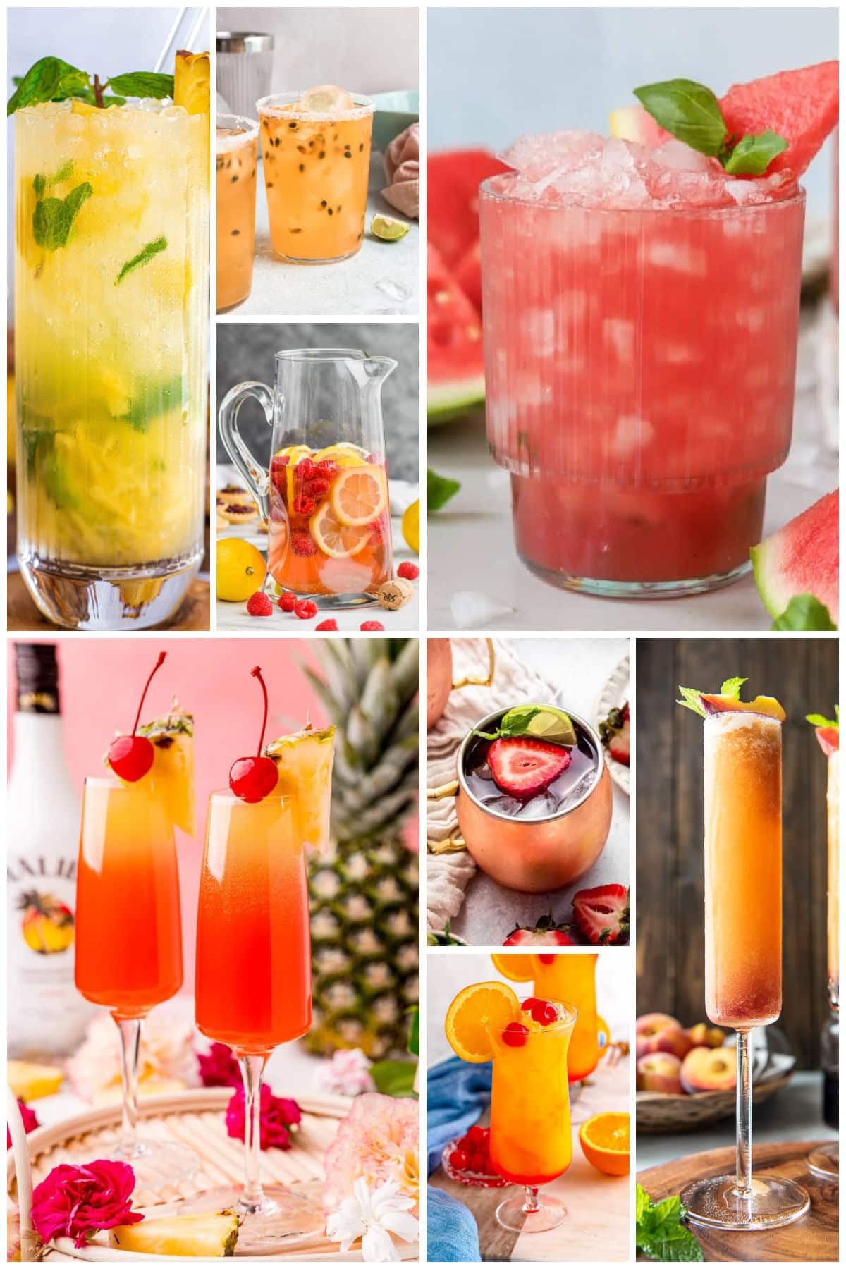 A group of festive drinks including a watermelon basil cocktail, a Hawaiian mimosa and a sparkling rose sangria.
