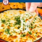 This artichoke dip recipe is a blend of three types of cheese, artichoke hearts, garlic and herbs, all baked together to golden brown perfection.