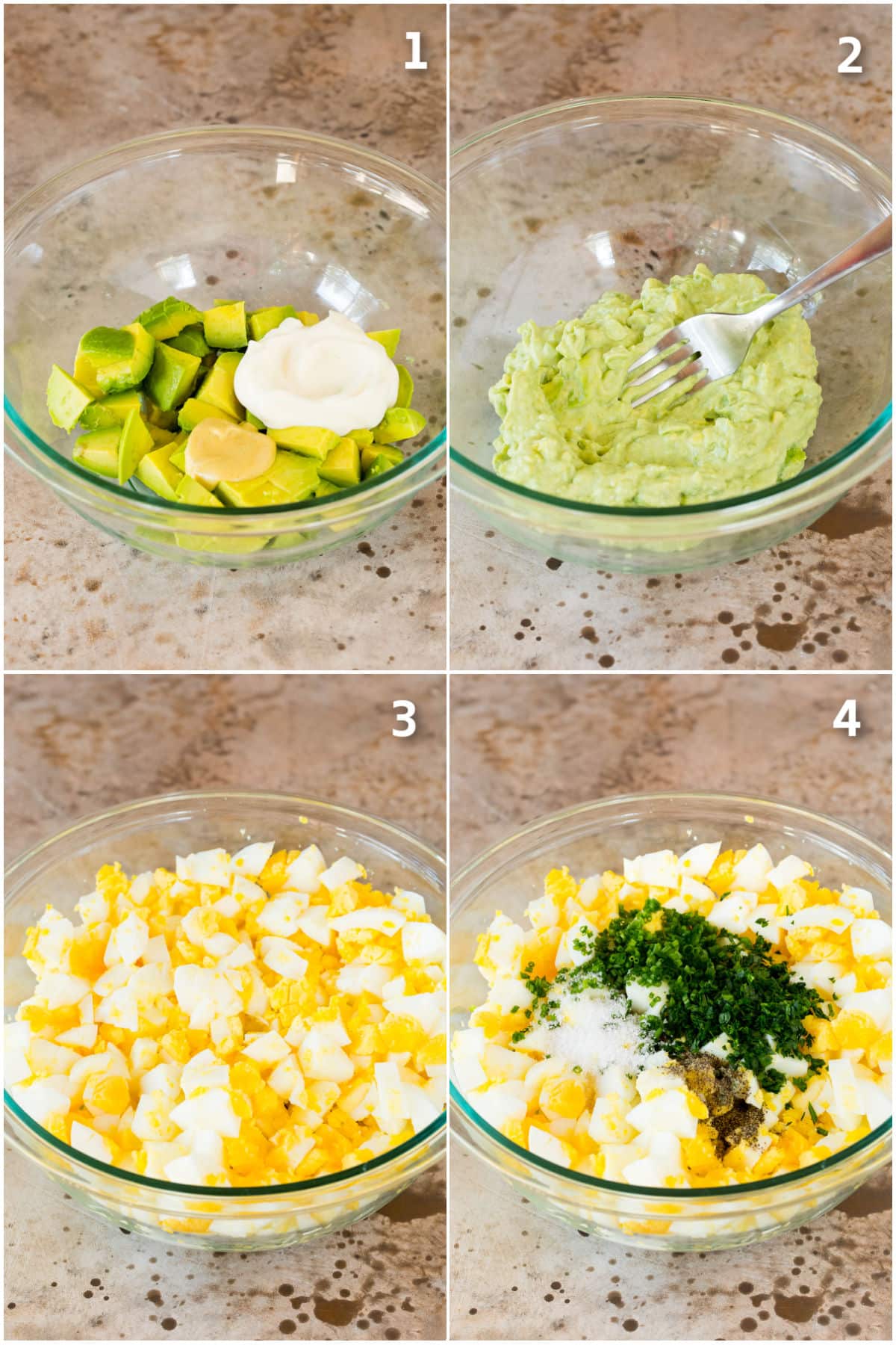 Step by step process shots showing how to make egg salad.