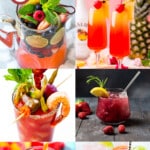 A group of brunch cocktail recipes including a Bloody Mary, a berry vodka smash and a champagne punch.