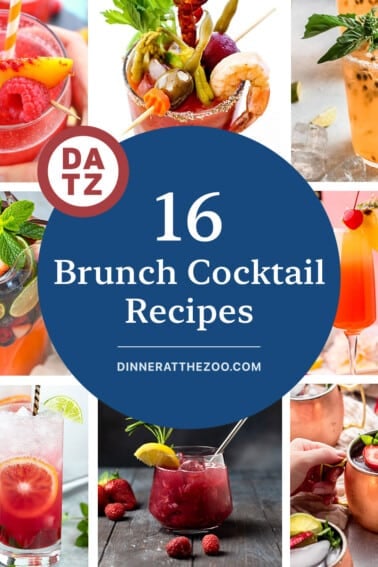 A collection of brunch cocktail recipes such as a blood orange mojito, a raspberry peach Bellini and a Hawaiian mimosa.