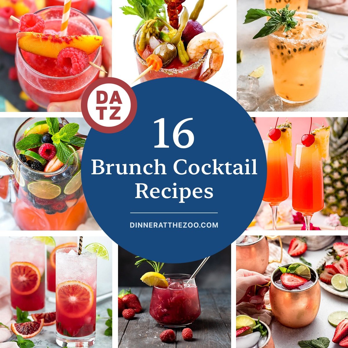 A collection of brunch cocktail recipes such as a blood orange mojito, a raspberry peach Bellini and a Hawaiian mimosa.